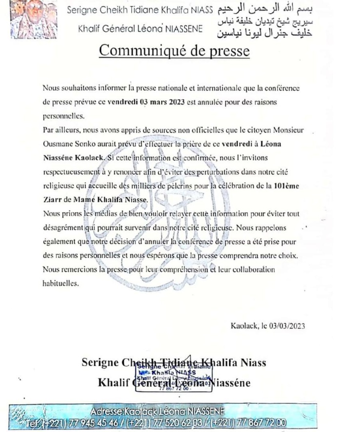 Prière du vendredi à Léona Niassène : Le khalife général dit niet à Ousmane Sonko. Prière du vendredi à Léona Niassène : Le khalife général dit niet à Ousmane Sonko.