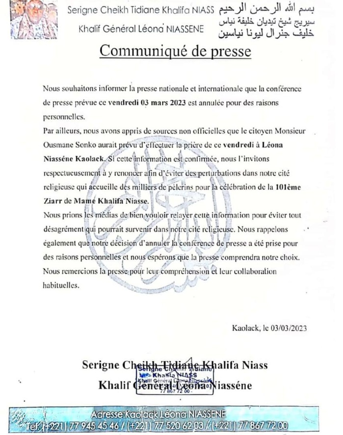 Prière du vendredi à Léona Niassène : Le khalife général dit niet à Ousmane Sonko.