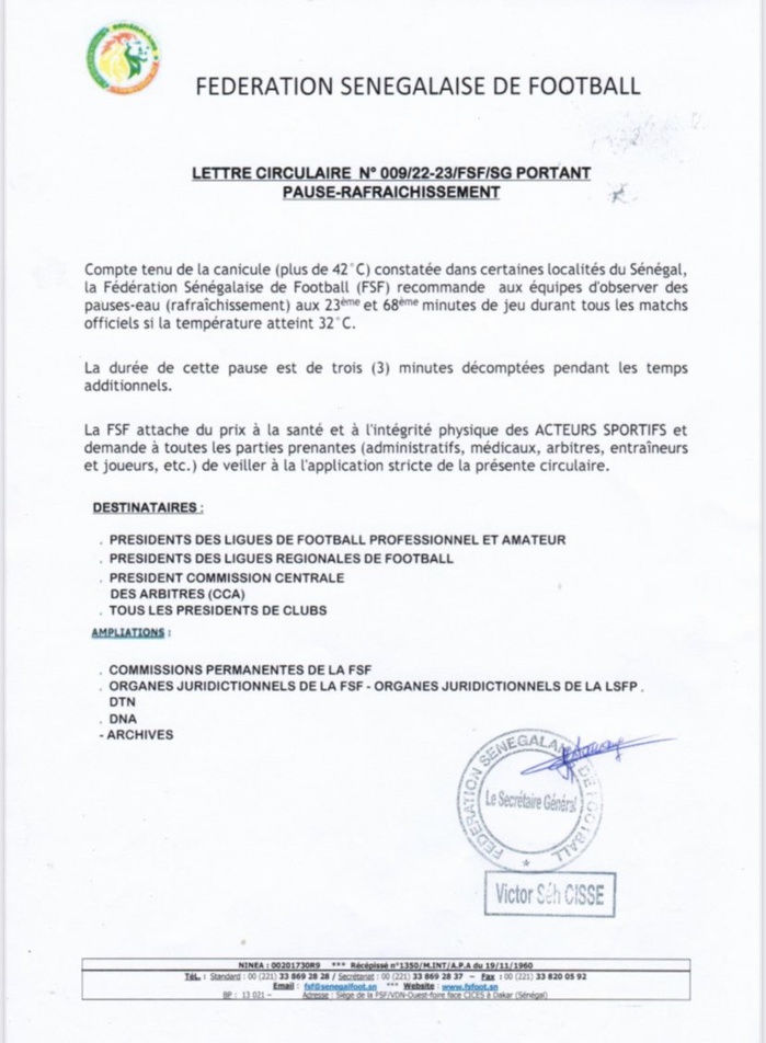 Foot local : La fédération sénégalaise impose la pause fraîcheur aux équipes, à cause de la canicule… Foot local : La fédération sénégalaise impose la pause fraîcheur aux équipes, à cause de la canicule…