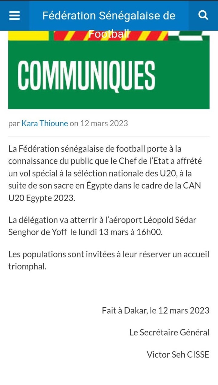 Accueil : Les champions d’Afrique attendus ce lundi après-midi à l’aéroport Léopold Sédar Senghor… Accueil : Les champions d’Afrique attendus ce lundi après-midi à l’aéroport Léopold Sédar Senghor…
