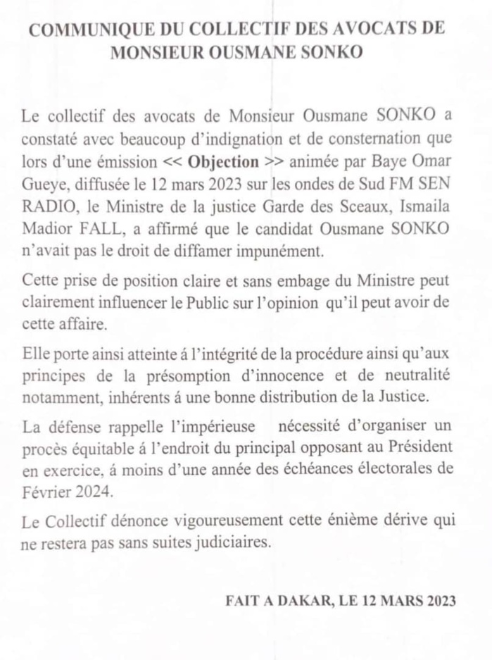 Affaire Ousmane Sonko - Mame M. Niang : les avocats de l’opposant s’insurgent contre la position du ministre Ismaïla Madior Fall et alertent.