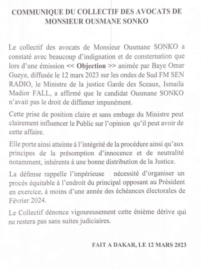 Affaire Ousmane Sonko - Mame M. Niang : les avocats de l’opposant s’insurgent contre la position du ministre Ismaïla Madior Fall et alertent. Affaire Ousmane Sonko - Mame M. Niang : les avocats de l’opposant s’insurgent contre la position du ministre Ismaïla Madior Fall et alertent.