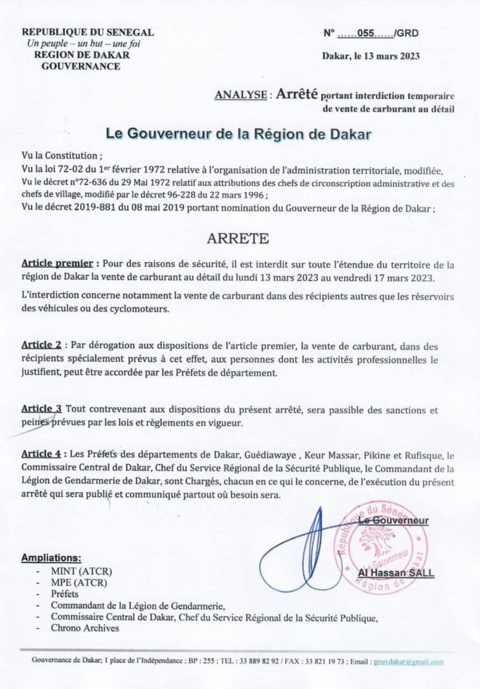 Vente de carburant : Le gouverneur de Dakar signe l’arrêté portant interdiction 2 Vente de carburant au détail : Le gouverneur de Dakar signe l’arrêté portant son interdiction et met en garde tout contrevenant