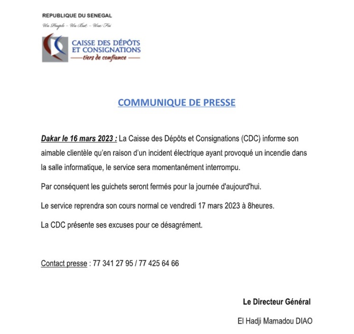 Incendie dans la salle informatique de la Caisse des Dépôts et Consignations : La CDC ferme ses guichets pour la journée d'aujourd'hui. Incendie dans la salle informatique de la Caisse des Dépôts et Consignations : La CDC ferme ses guichets pour la journée d'aujourd'hui.