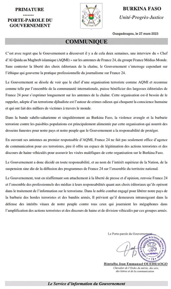 Burkina: les autorités ordonnent la suspension de la diffusion de France 24