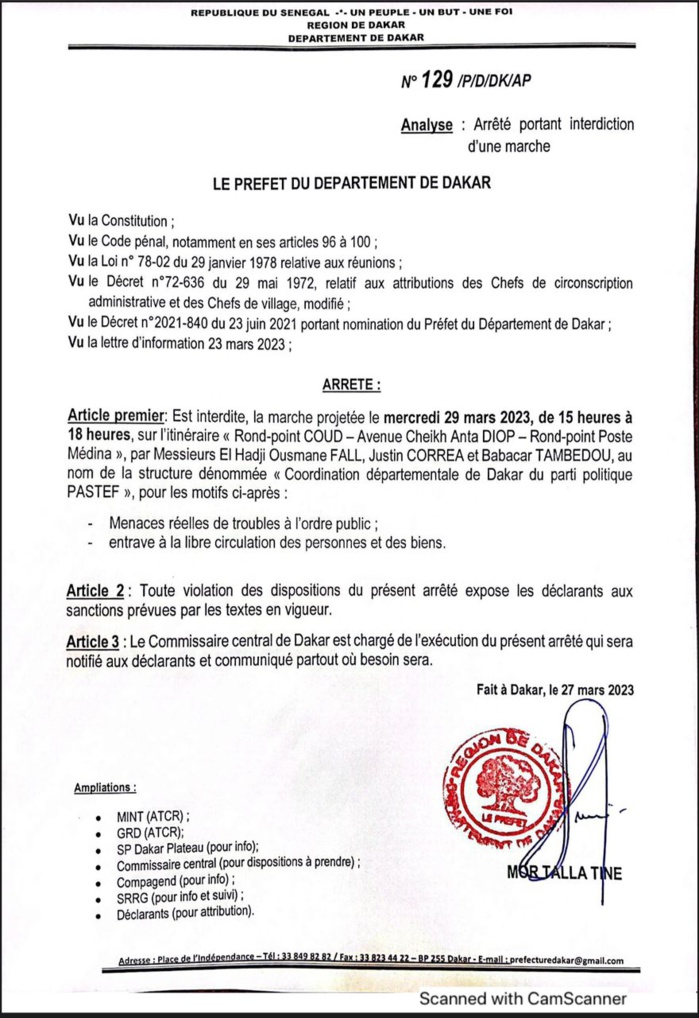 Dakar : Le préfet interdit les marches Yewwi Askan Wi