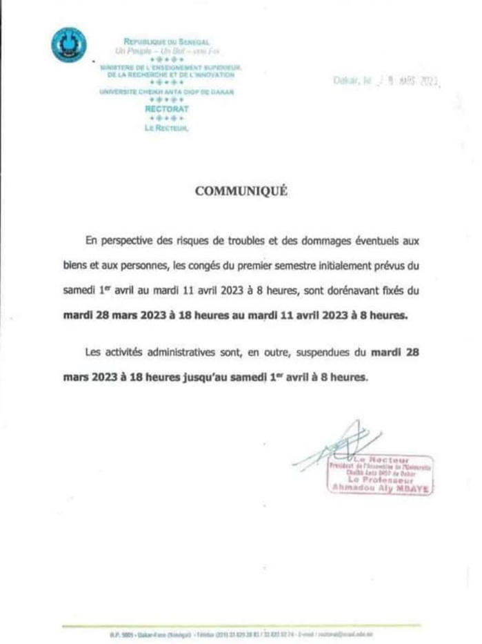 Risques de troubles à l’UCAD : le rectorat anticipe sur les vacances de Pâques à compter de ce mardi à 18H. Risques de troubles à l’UCAD : le rectorat anticipe sur les vacances de Pâques à compter de ce mardi à 18H.