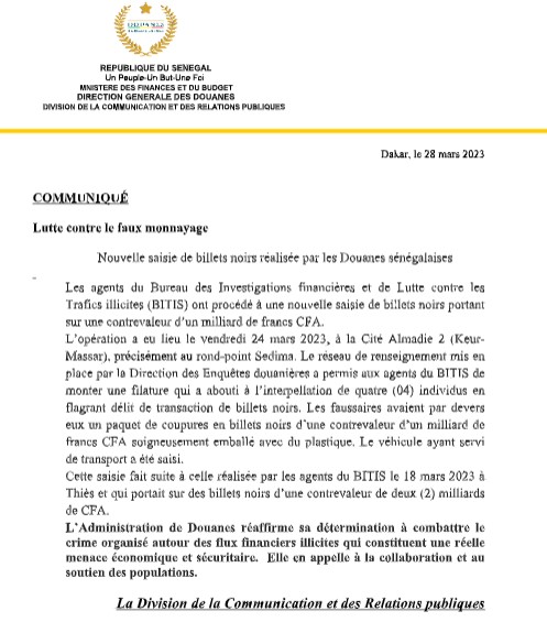 Douanes : Importante saisie de billets noirs d'une contre-valeur d'1 milliard de Fcfa.