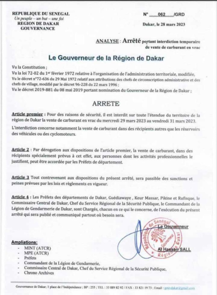 Manifestations à Dakar : Le Gouverneur de Dakar interdit la vente de carburant en vrac.
