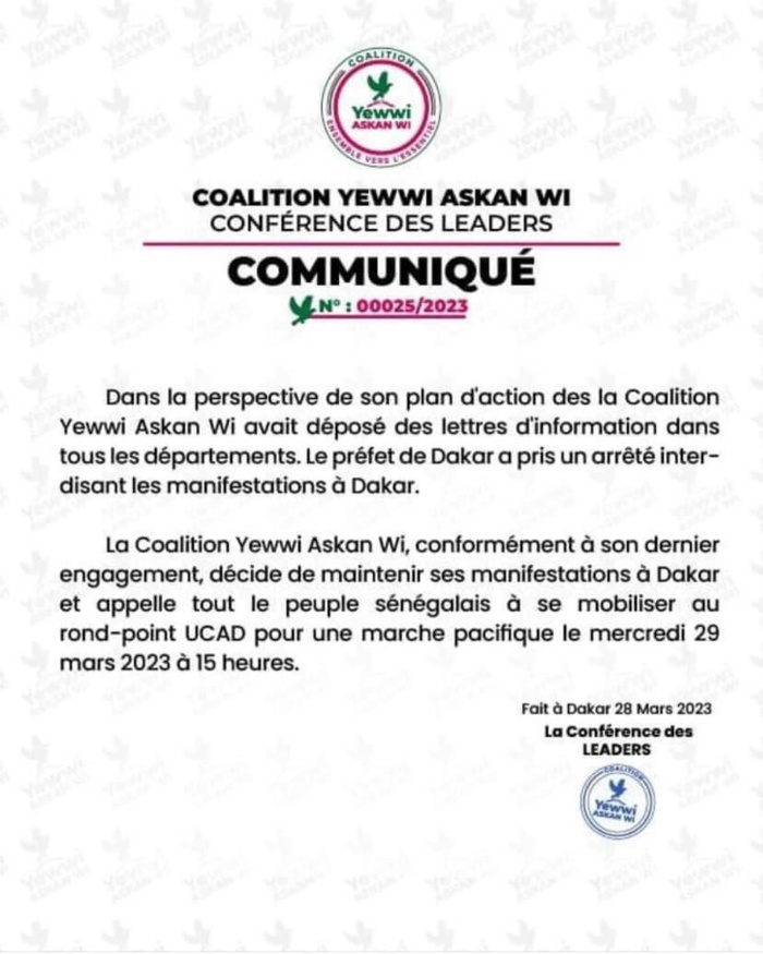 Interdiction de manifestations à Dakar: Yewwi Askan Wi maintient son plan d’actions les 29 et 30 mars Interdiction de manifestations à Dakar: Yewwi Askan Wi maintient son plan d’actions les 29 et 30 mars