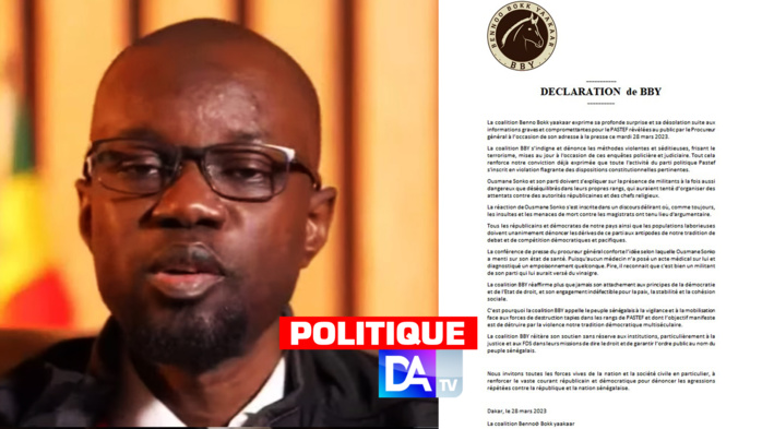 Réaction de Ousmane Sonko à la sortie du procureur : Benno dénonce un discours délirant et lance un énième appel à la méfiance face « aux forces de destruction » Réaction de Ousmane Sonko à la sortie du procureur : Benno dénonce un discours délirant et lance un énième appel à la méfiance face « aux forces de destruction »