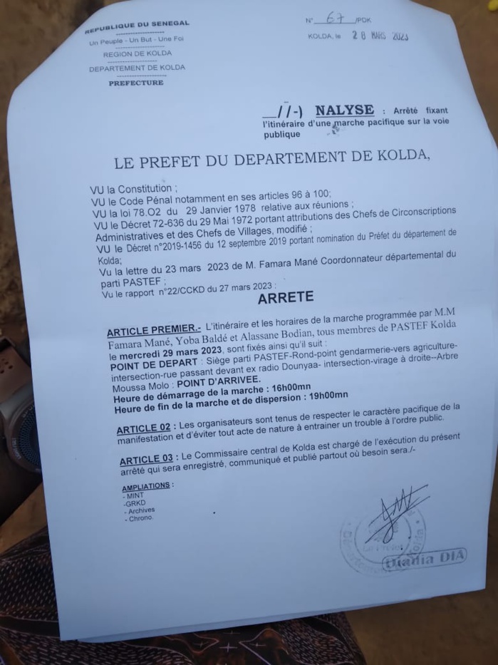 KOLDA : le préfet autorise la marche pacifique de l'opposition (Yewwi Askan Wi) KOLDA : le préfet autorise la marche pacifique de l'opposition (Yewwi Askan Wi)