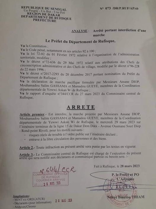 Rufisque : le Préfet du Département de Rufisque interdit la manifestation de Yewwi Askan Wi Rufisque : le Préfet du Département de Rufisque interdit la manifestation de Yewwi Askan Wi
