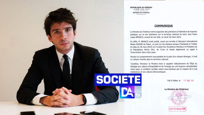 Expulsion de Juan Branco du territoire sénégalais : Les explications du ministère de l’intérieur Expulsion de Juan Branco du territoire sénégalais : Les explications du ministère de l’intérieur