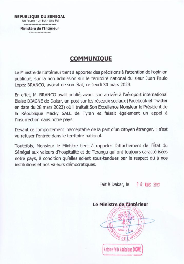 Expulsion de Juan Branco du territoire sénégalais : Les explications du ministère de l’intérieur Expulsion de Juan Branco du territoire sénégalais : Les explications du ministère de l’intérieur