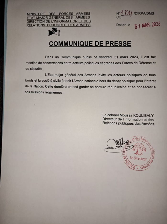 Report de la manifestation de Yewwi suite à des échanges: L’armée sénégalaise nie toute implication… Report de la manifestation de Yewwi suite à des échanges: L’armée sénégalaise nie toute implication…