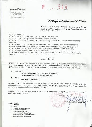 Notification du Préfet de Dakar relative à l'autorisation de la manifestation du 21 novembre