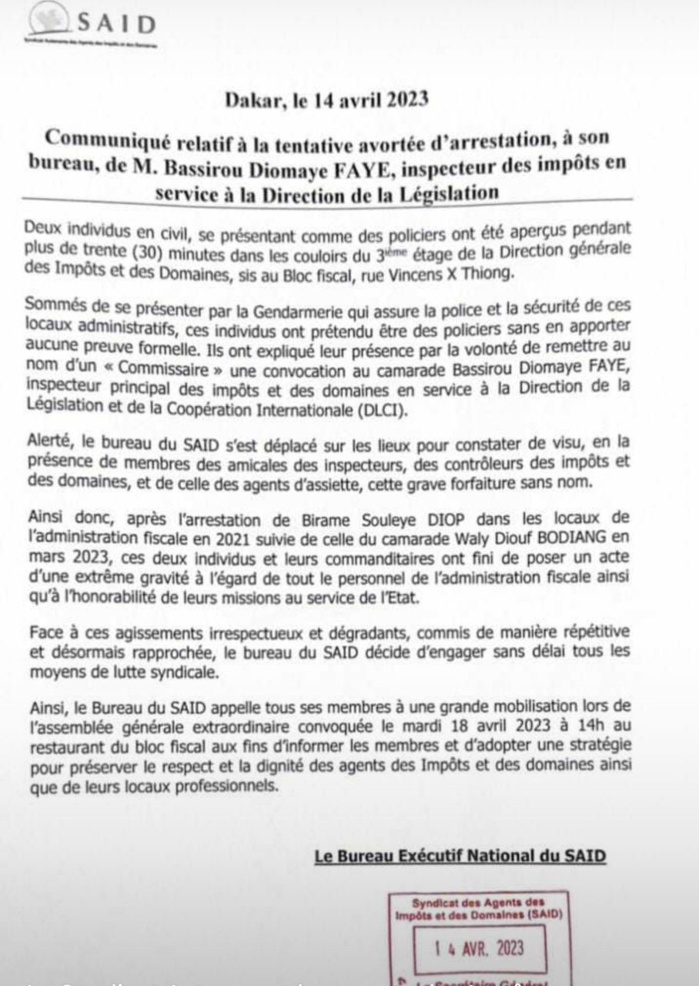 « Tentative d’arrestation » de Bassirou Diomaye Faye à son bureau : Le Syndicat des agents des impôts et domaines réagit… (DOCUMENT) « Tentative d’arrestation » de Bassirou Diomaye Faye à son bureau : Le Syndicat des agents des impôts et domaines réagit… (DOCUMENT)