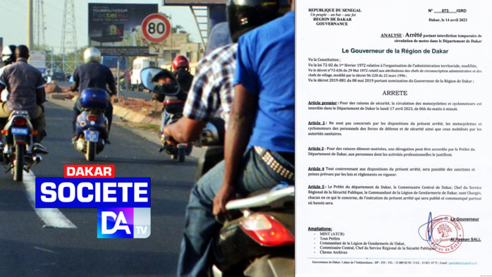 Département de Dakar : La circulation de motos interdites ce lundi de 06h du matin à minuit (Gouverneur) Département de Dakar : La circulation de motos interdites ce lundi de 06h du matin à minuit (Gouverneur)