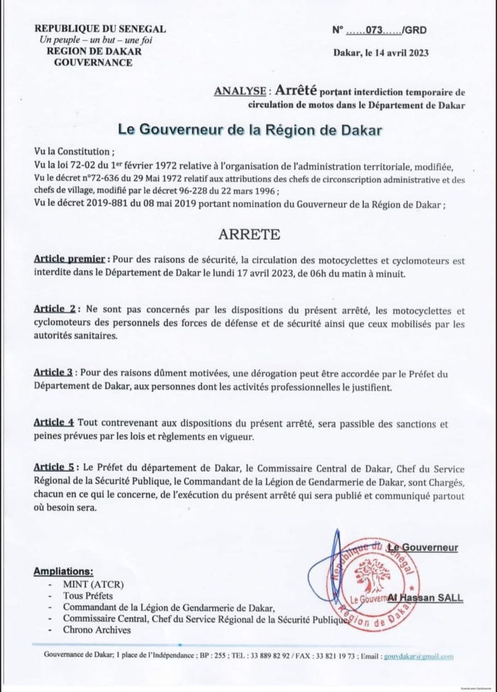 Département de Dakar : La circulation de motos interdites ce lundi de 06h du matin à minuit (Gouverneur) Département de Dakar : La circulation de motos interdites ce lundi de 06h du matin à minuit (Gouverneur)