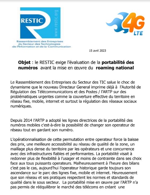 le RESTIC exige l’évaluation de la portabilité des numéros  avant la mise en œuvre du  roaming national