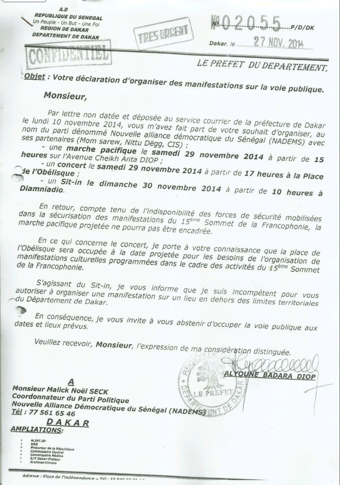 Interdiction de manifestation : Voici la lettre du Préfet de Dakar adressée à Malick Noël Seck