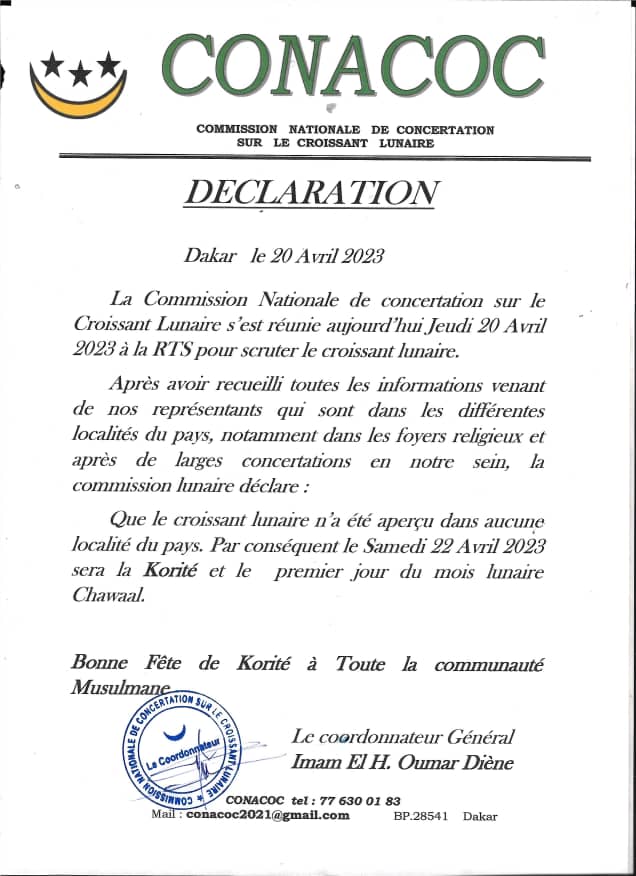 Officielle: La Fête de Korité sera célébrée au Sénégal ce samedi 22 avril 2023