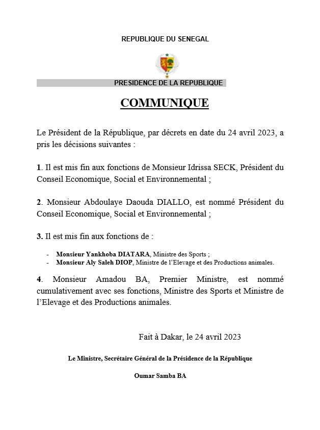 Urgent : Abdoulaye Daouda Diallo remplace Idrissa Seck au CESE. Urgent : Abdoulaye Daouda Diallo remplace Idrissa Seck au CESE.