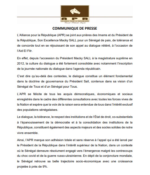 Appel au dialogue lancé par le Président Macky Sall : L'Apr s'en félicite et met en garde l’opposition contre toute tentative de le dévoyer