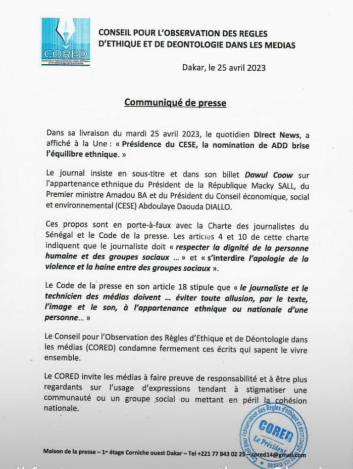 Après sa « Une du jour » contestée : Le quotidien « Direct News » fait son mea culpa auprès du tribunal des pairs Après sa « Une du jour » contestée : Le quotidien « Direct News » fait son mea culpa auprès du tribunal des pairs