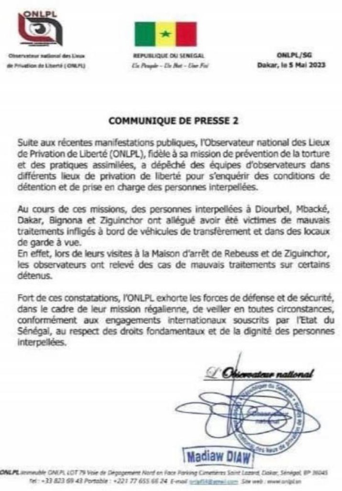 Mauvais traitements dans les prisons: l’ONLPL alerte sur des cas à Diourbel, Mbacké, Dakar, Bignona et Ziguinchor Mauvais traitements dans les prisons: l’ONLPL alerte sur des cas à Diourbel, Mbacké, Dakar, Bignona et Ziguinchor