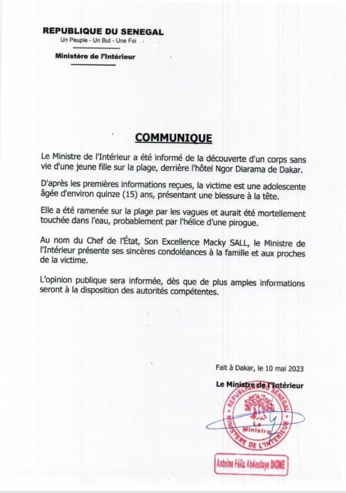 Découverte d'un corps sans vie d'une jeune fille de 15 ans sur la plage de Ngor: Le communiqué du ministère de l'intérieur qui fait jaser Découverte d'un corps sans vie d'une jeune fille de 15 ans sur la plage de Ngor: Le communiqué du ministère de l'intérieur qui fait jaser