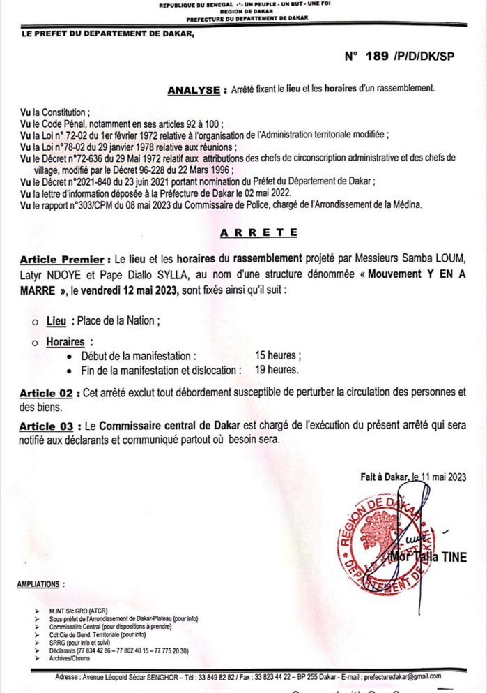 Rassemblement de F24: Le préfet de Dakar autorise la manifestation