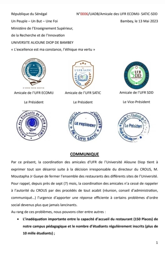 Université Alioune Diop de Bambey: La coordination des amicales d'UFR dénonce la fermeture des restaurants et l'arrestation de plusieurs étudiants lors des dernières manifestations.