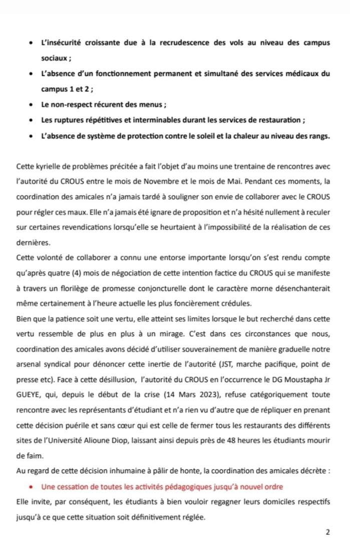 Université Alioune Diop de Bambey: La coordination des amicales d'UFR dénonce la fermeture des restaurants et l'arrestation de plusieurs étudiants lors des dernières manifestations.
