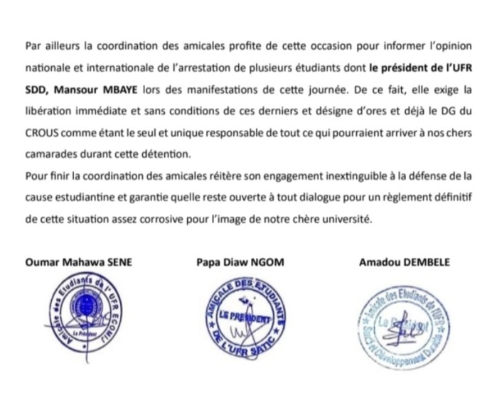Université Alioune Diop de Bambey: La coordination des amicales d'UFR dénonce la fermeture des restaurants et l'arrestation de plusieurs étudiants lors des dernières manifestations. Université Alioune Diop de Bambey: La coordination des amicales d'UFR dénonce la fermeture des restaurants et l'arrestation de plusieurs étudiants lors des dernières manifestations.