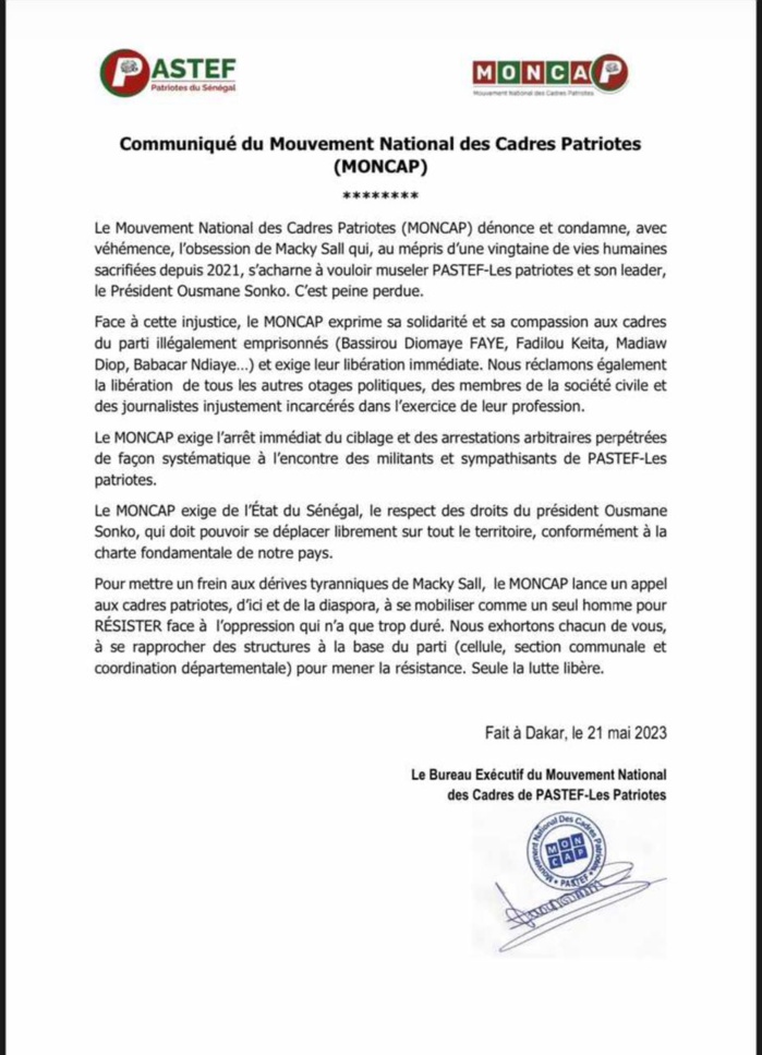Arrestation de militants de Pastef, procès Ousmane Sonko: Le mouvement des cadres patriotes appelle à une résistance générale