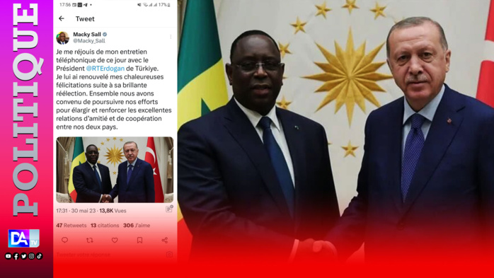 Entretien téléphonique avec le président turc: " Je lui ai renouvelé mes chaleureuses félicitations suite à sa brillante réélection"( Macky Sall) Entretien téléphonique avec le président turc: " Je lui ai renouvelé mes chaleureuses félicitations suite à sa brillante réélection"( Macky Sall)
