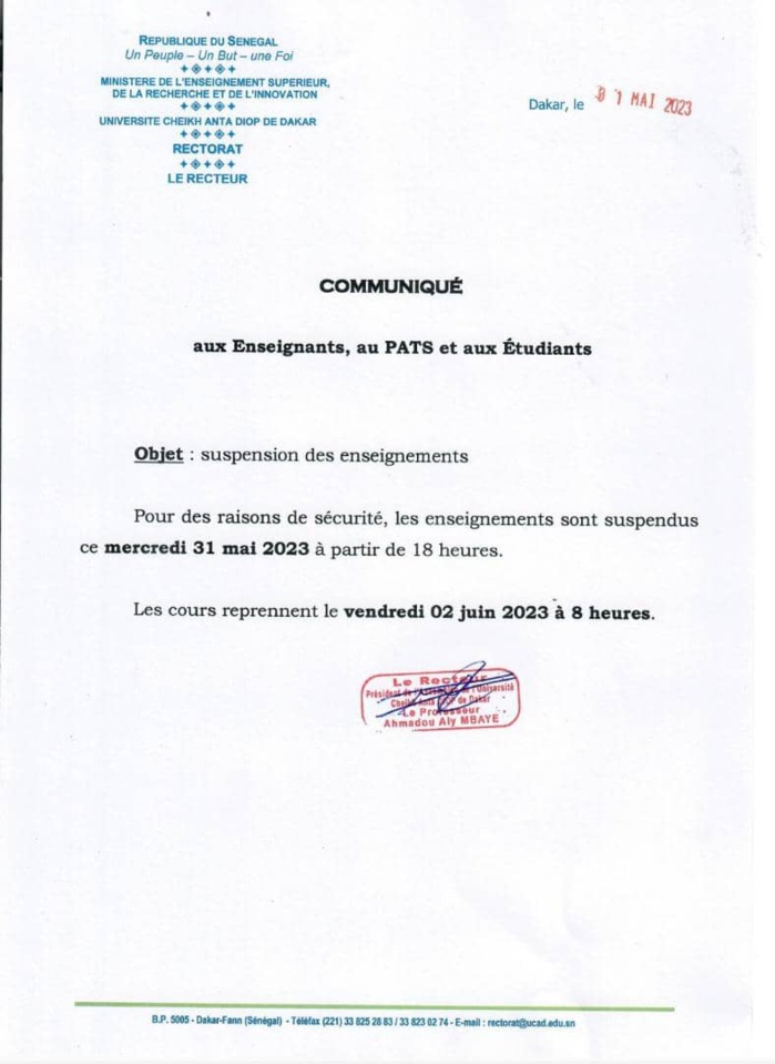 Université Cheikh Anta Diop de Dakar: Suspension des enseignements à partir de ce Mercredi pour des raisons de sécurité.
