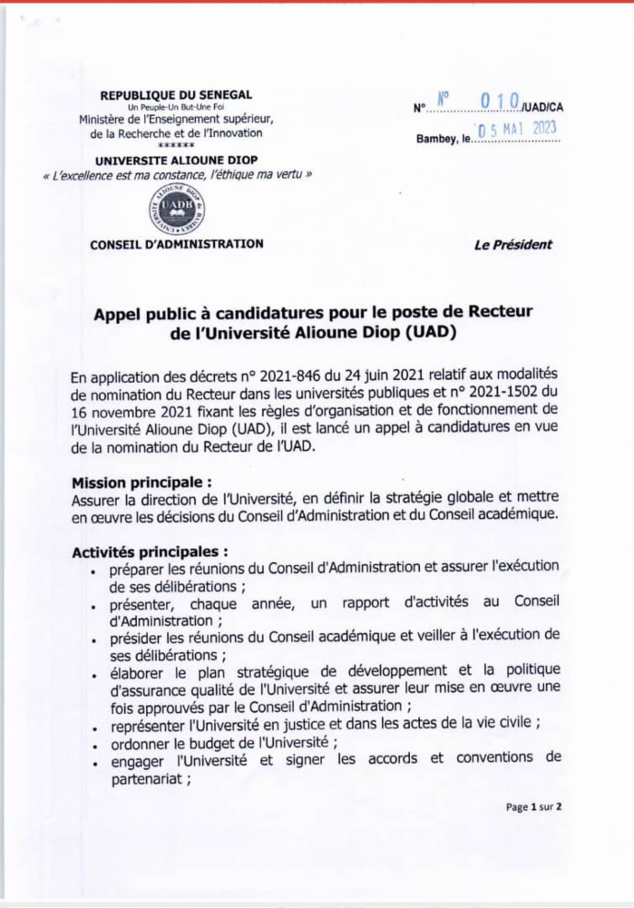 Enseignement Supérieur : le CA de l'UAD lance un appel à candidatures pour le poste de recteur. Enseignement Supérieur : le CA de l'UAD lance un appel à candidatures pour le poste de recteur.