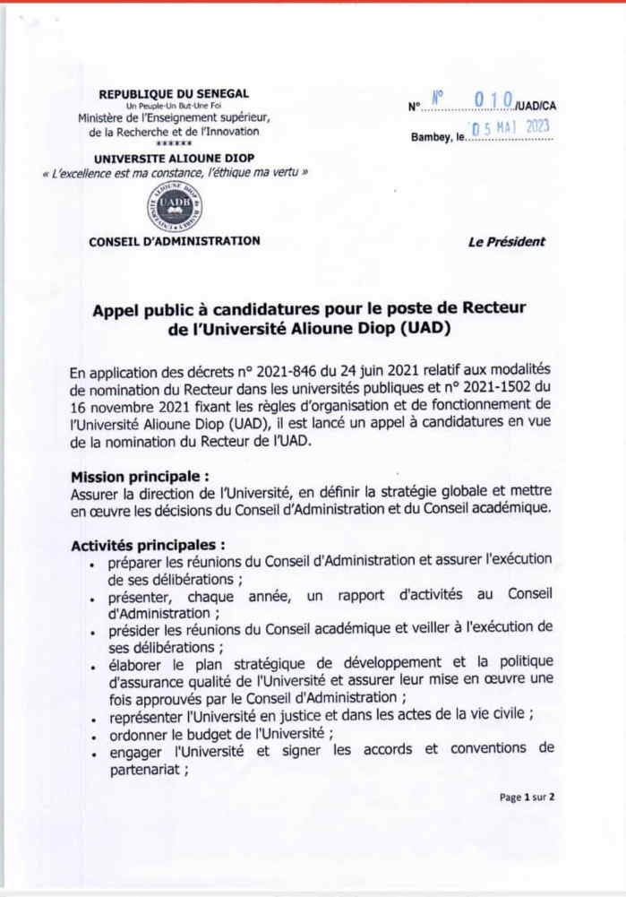 Enseignement Supérieur : le CA de l'UAD lance un appel à candidatures pour le poste de recteur.