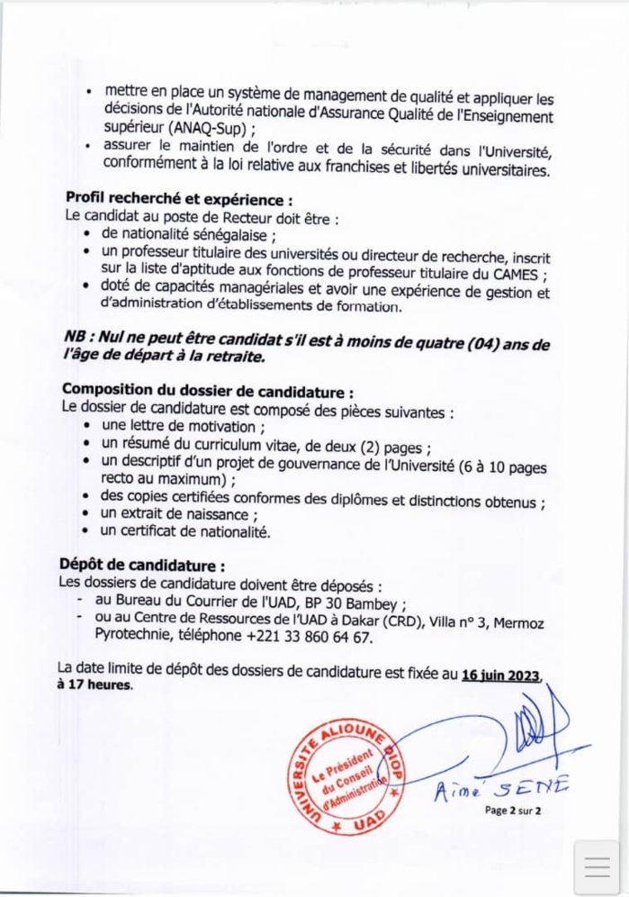Enseignement Supérieur : le CA de l'UAD lance un appel à candidatures pour le poste de recteur. Enseignement Supérieur : le CA de l'UAD lance un appel à candidatures pour le poste de recteur.