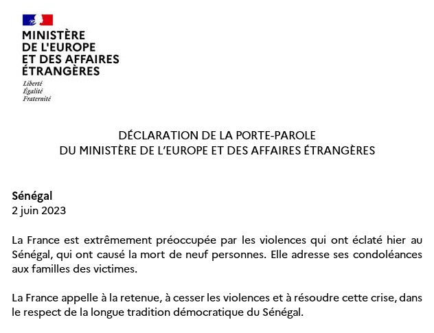 Sénégal : La France exprime sa préoccupation face à l'escalade des violences.