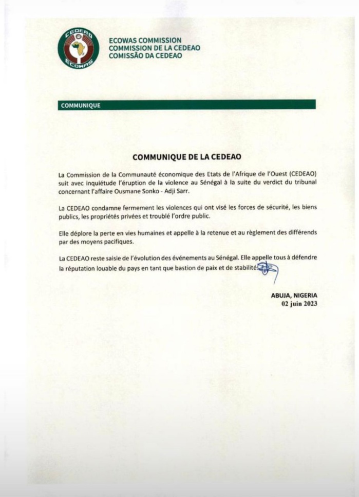 Violences au Sénégal: La CEDEAO condamne et appelle à préserver la paix et la stabilité dans le pays Violences au Sénégal: La CEDEAO condamne et appelle à préserver la paix et la stabilité dans le pays