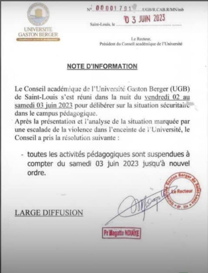 Situation tendue au Sénégal : L’Université Gaston Berger ferme ses portes jusqu’à nouvel ordre. Situation tendue au Sénégal : L’Université Gaston Berger ferme ses portes jusqu’à nouvel ordre.