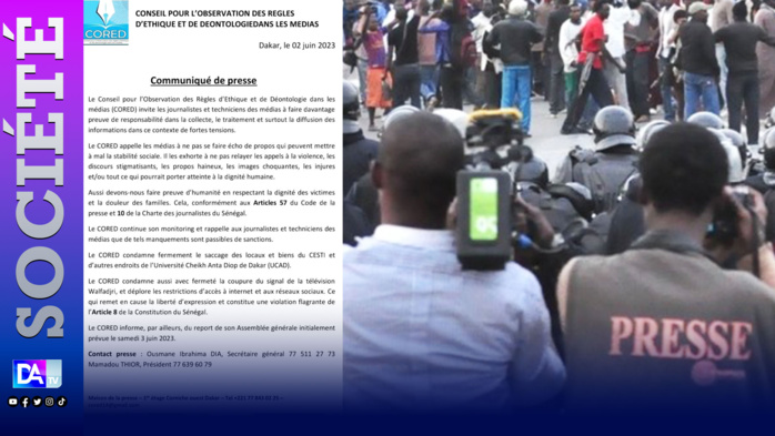 Contexte de tensions: le Cored invite les professionnels des médias à plus de responsabilités et déplore les restrictions Contexte de tensions: le Cored invite les professionnels des médias à plus de responsabilités et déplore les restrictions