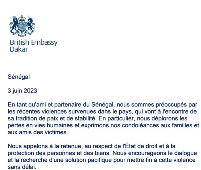 Sénégal : L’ambassade du Royaume-Uni fait part de sa préoccupation face aux violences meurtrières Sénégal : L’ambassade du Royaume-Uni fait part de sa préoccupation face aux violences meurtrières