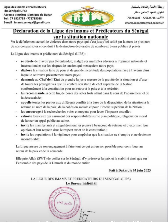 Situation tendue : La Ligue des Imams et Prédicateurs du Sénégal demande au Président Macky Sall de poser des actes forts pour l’apaisement et la désescalade Situation tendue : La Ligue des Imams et Prédicateurs du Sénégal demande au Président Macky Sall de poser des actes forts pour l’apaisement et la désescalade
