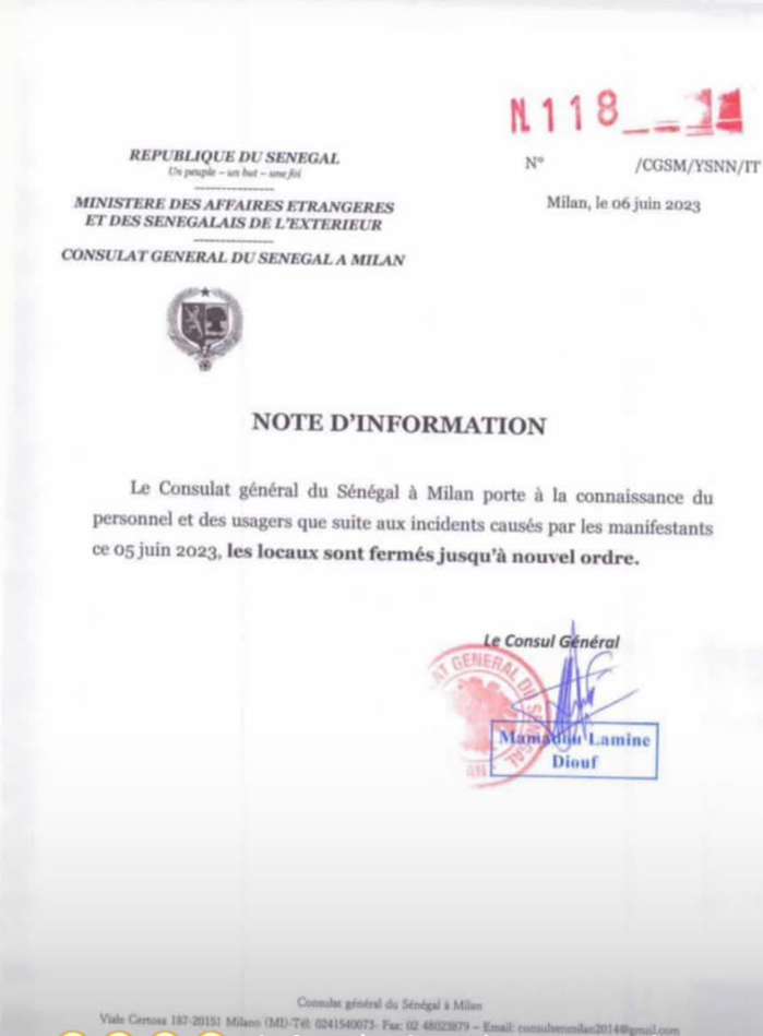 Italie : Le Consulat général du Sénégal à Milan ferme ses portes. Italie : Le Consulat général du Sénégal à Milan ferme ses portes.