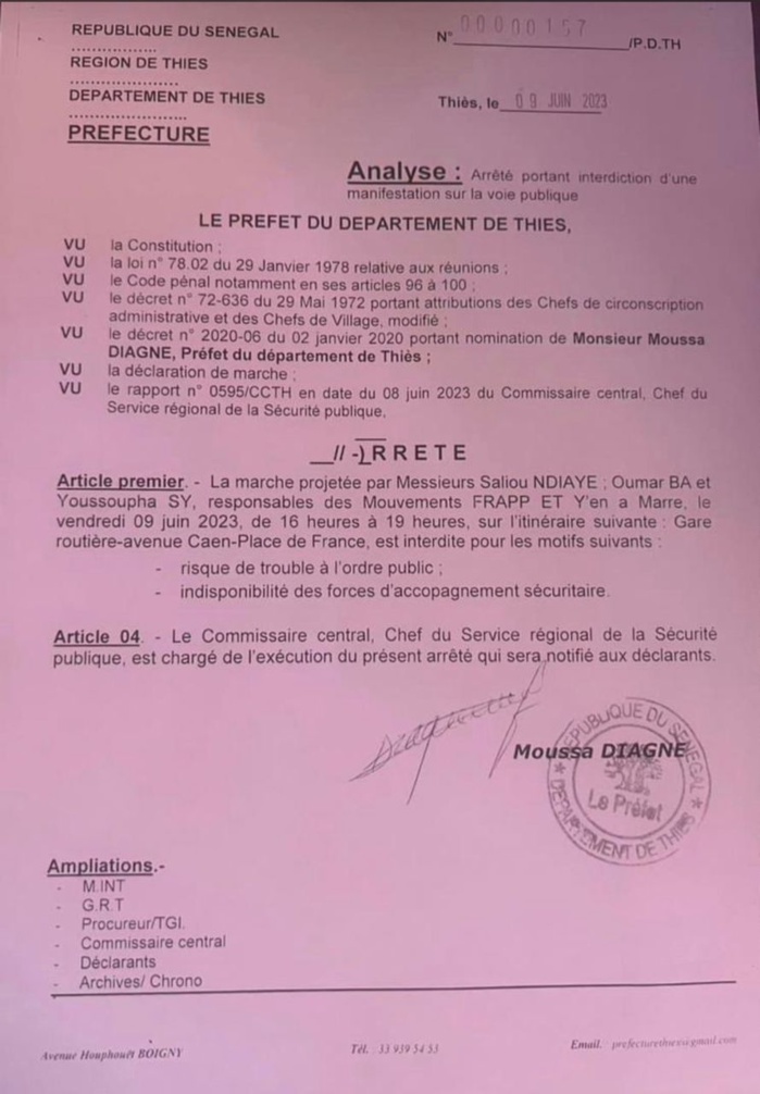 Thiès : L'autorisation de marche pacifique de Y 'en a marre et Frapp rejetée par le Préfet Moussa Diagne Thiès : L'autorisation de marche pacifique de Y 'en a marre et Frapp rejetée par le Préfet Moussa Diagne